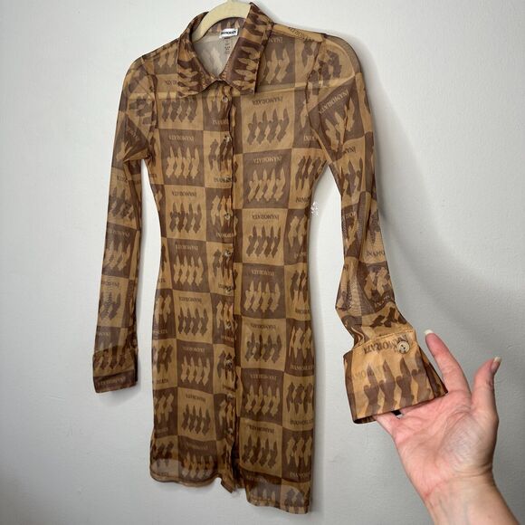 Inamorata Riviera Brown Check Mesh Dress Long Sleeve Button Up Mini Dress S - Picture 2 of 13